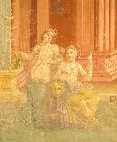 Fresco in Vierde Pompeiaanse Stijl op rode achtergrond, Huis van Pinario Ceriale, Pompeii, Campania, Romeinse Beschaving door Roman Roman