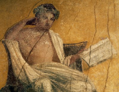 Griekse toneelschrijver Menander, detail van fresco, peristilium van Huis van Menander, Pompeii, Campania, Italië, Romeinse beschaving door Roman Roman