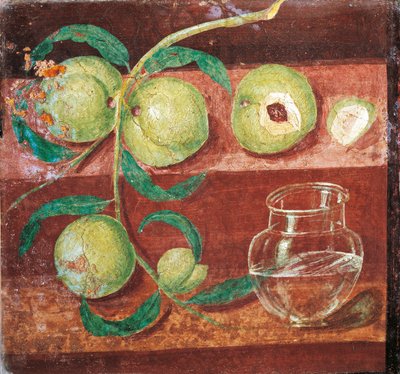 Italië, Napels, Stilleven met perziktak, Fresco uit Pompeii door Roman Roman