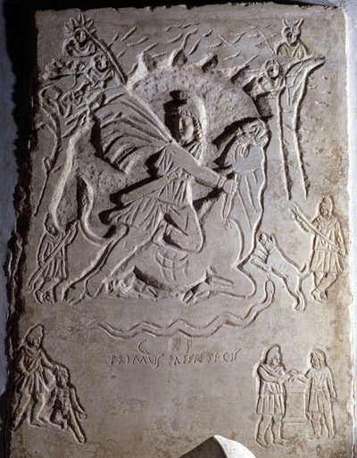 Laag reliëf dat het offer van Mithra voorstelt (een jonge man die een stier slacht). Musei Capitolini, Rome. door Roman Roman