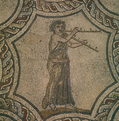 Mozaïek van vrouwelijke fluitiste uit Huis van Dionysus, Volubilis, Marokko, Romeinse beschaving door Roman Roman