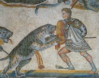 Mozaïek met een scène van een wilde dierenjacht, detail van een gladiator die een wild dier doodt door Roman Roman