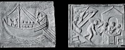 Reliëf met een koopvaardijschip (Museo Nazionale, Rome) en reliëf met het lossen van een schip (Museo Torlonia, Rome) 3e of 4e eeuw door Roman Roman