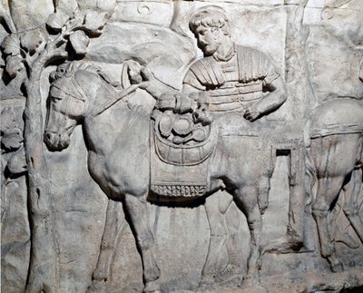Romeinse kunst: een muilezel beladen met buit. Mal uit 1862 die de bas-reliëfs van de zuil van Trajanus in Rome reproduceert door Roman Roman