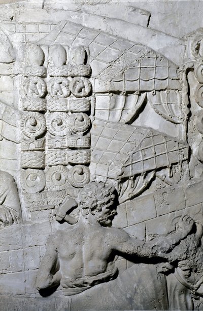 Romeins kampement. Mal van 1862 die de bas-reliëfs van de zuil van Trajanus reproduceert in Rome, gebouwd tijdens het bewind van keizer Trajanus (53-117). De Trajanus-zuil herdenkt de overwinning campagnes van de keizer. door Roman Roman