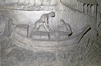 Romeinse kunst: boot laadt voorraden op de Donau tijdens de Eerste Dacische Oorlog. Gietvorm uit 1862 die de bas-reliëfs van de zuil van Trajanus (Colonna Traiana) in Rome reproduceert, gebouwd tijdens het bewind van keizer Trajanus (53-117) door Roman Roman