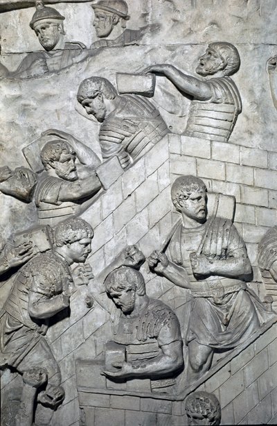 Romeinse kunst: bouw van een fort in het Romeinse kamp. Mal van 1862 die de bas-reliëfs van de zuil van Trajanus reproduceert in Rome gebouwd tijdens het bewind van keizer Trajanus (53-117) door Roman Roman
