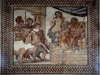 Romeinse kunst: Admete, koning van Pherae in Thessalië, die een everzwijn en een leeuw heeft getemd, vraagt Pelias, koning van Iolcos, om de hand van zijn dochter Alceste. Mozaïek van het Huwelijk van Admete. Nîmes, Museum voor Schone Kunsten door Roman Roman
