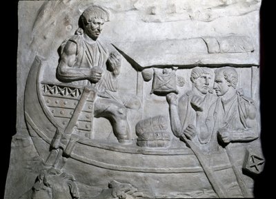 Romeinse kunst: Romeinse soldaten op een schip tijdens de eerste oorlog in Dacië. Mal uit 1862 die de bas-reliëfs van de zuil van Trajanus in Rome reproduceert door Roman Roman