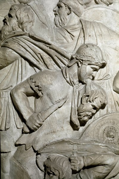 Romeinse kunst: Romeinse krijger die het hoofd van een vijandige krijger tussen zijn tanden houdt door Roman Roman