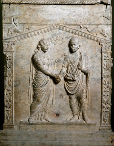 Romeinse kunst: grafaltaar met een huwelijksceremonie (Junctio dextrarum). Laag reliëf. Rome, Museo Nazionale Romano door Roman Roman