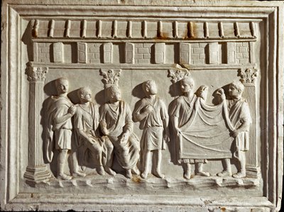 Romeinse kunst: laag reliëf gietvorm die een stof en wandtapijten voorstelt. Van een origineel uit de 2e eeuw n.Chr. Rome, Museo della Civilta Romana door Roman Roman