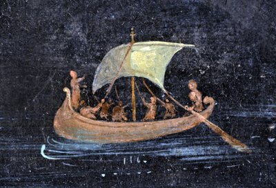 Romeinse kunst: rivierscène - boot en zeelieden op een rivier - fragment van een Pompei fresco bewaard in het Archeologisch Museum van Napels, Italië door Roman Roman