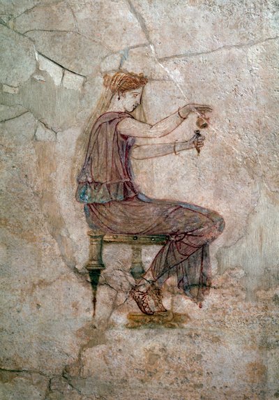 Romeinse kunst: vrouw die parfum in een vaas giet Muurschildering, 25 na Christus Van Villa della Farnesina door Roman Roman