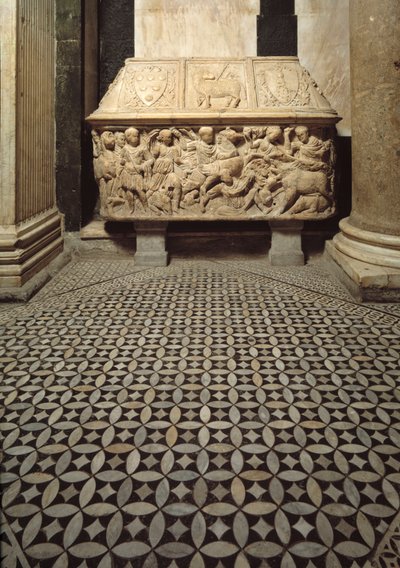 Romeinse sarcofaag met reliëfs van een wilde zwijnenjacht, deksel versierd met de wapens van de Medici-familie door Roman Roman