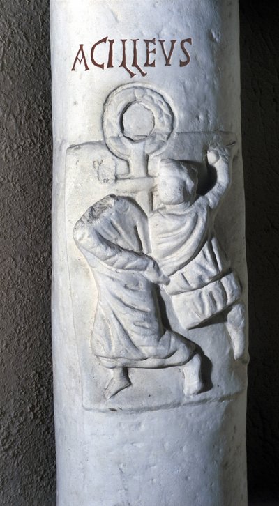 Sint Achilles, Romeinse martelaar van de 4e eeuw, onthoofd door Caesar omdat hij geen eed wilde afleggen omdat hij christen was. Laag reliëf van de catacomben van Santa Domitilla in Rome door Roman Roman