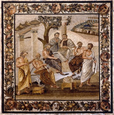 De Academie van Plato: de filosoof die in het midden zit, onderwijst een groep discipelen van de Academie van Athene (gesticht door hemzelf in 378 v.Chr.) - Mozaïek gevonden in Boscotrecase, nu tentoongesteld in het Nationaal Museum, Napels door Roman Roman
