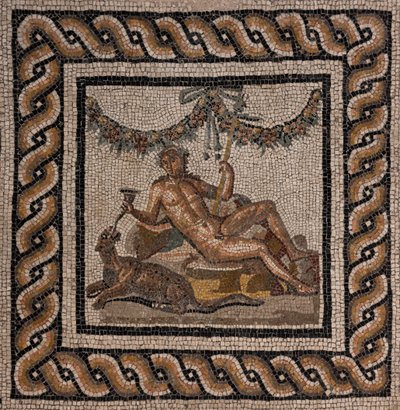 Het huis van Dionysus, een van de Romeinse domus van Ortaglia: detail van de mozaïekvloer die Dionysus en de panter voorstelt (detail) door Roman Roman
