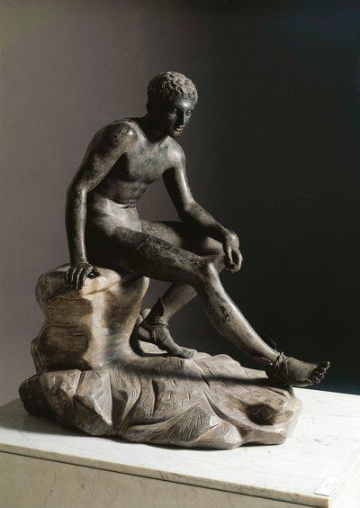 De rust van Hermes. Romeinse bronzen sculptuur naar een Grieks origineel van Lysippe. Uit Ercolano (Herculaneum) Dim. 105 cm Napels, Museo Archeologico Nazionale door Roman Roman