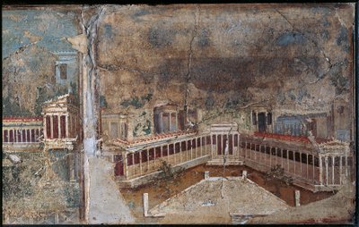 Derde stijl fresco dat architectonisch landschap uitbeeldt, detail van zuilengalerij, uit Pompeii door Roman Roman