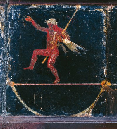 Derde stijl fresco met funambolist Seleni, detail van Silenus die thyrsus vasthoudt, uit de zogenaamde Villa van Cicero in Pompeii door Roman Roman