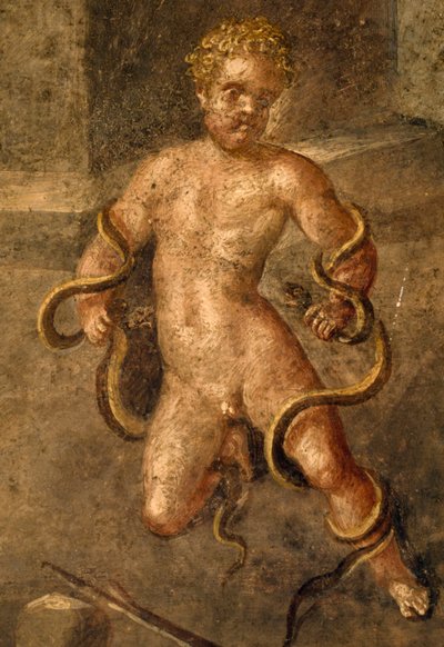 Jonge Heracles die slangen wurgt, (detail) fresco uit oecus in Huis van Vettii, Pompeii (UNESCO Werelderfgoedlijst) door Roman Roman