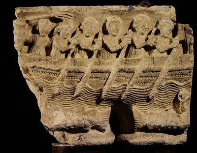 Kapiteel op dubbele zuilen met roeiers in een boot door Romanesque