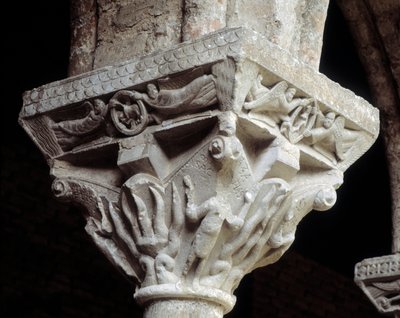 Kapiteel met voorstelling van de drie joden in de vurige oven (sculptuur) door Romanesque