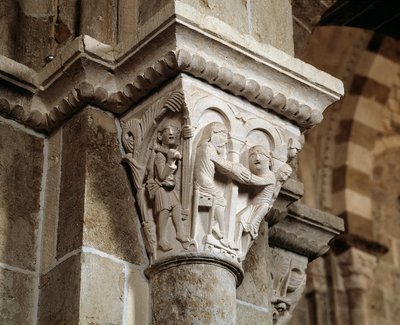 Ezau keert terug van de jacht en vindt zijn vader Isaak die Jakob zegent (gesneden kapiteel) door Romanesque