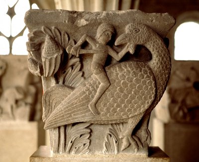 Voorstelling van een gevecht tussen een man en een vogel (gekerfd kapiteel van de kapittelzaal) door Romanesque