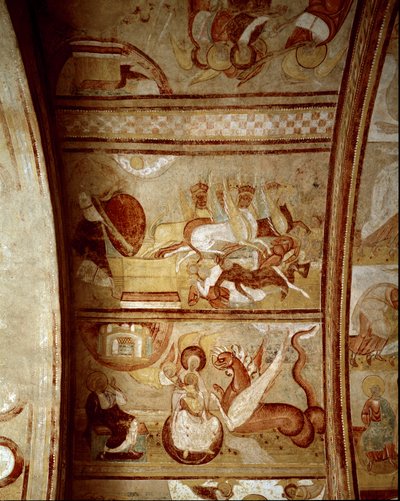 Romaans kunst: interieur van de abdij van Saint-Savin-sur-Gartempe (Saint Savin sur Gartempe) in Wenen (Frankrijk), gesticht door Karel de Grote (1060-1115) Muurschildering op plafond rond 1100. Fresco door Romanesque