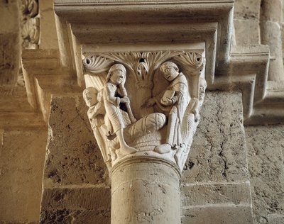 Sint-Benedictus wekt de zoon van een boer tot leven, kapiteel van de narthex (beeldhouwwerk) door Romanesque