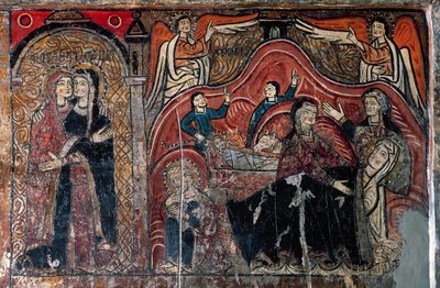 De Visitatie en De Geboorte met de vroedvrouwen Celomi en Salome (detail) door Romanesque