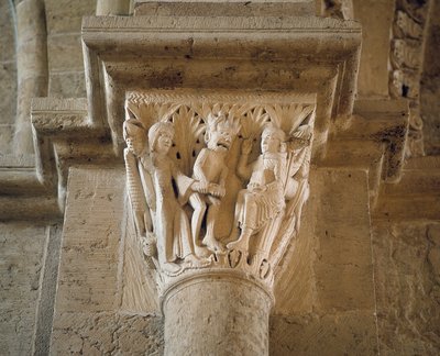 De duivel toont een vrouw aan Sint-Benedictus om hem te verleiden, kapiteel van het voorportaal (beeldhouwwerk) door Romanesque