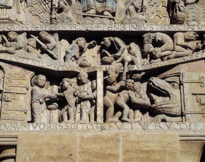 Zicht op het timpaan van het laatste oordeel, detail van de hel door Romanesque