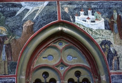 Gotisch raam en het leven van St. Pachomius, van de noordmuur van de kerk, ca. 1601 door Romanian School