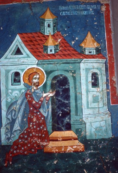 St. Nicetas biddend voor een kerk door Romanian School