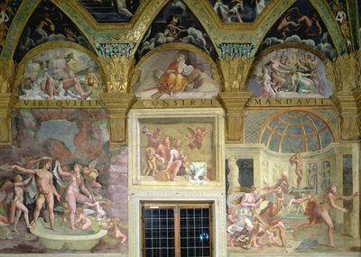 De kamer van Psyche. Venus en Mars baden; Bacchus en Ariadne; Venus en Adonis verrast door Mars door Romano Giulio