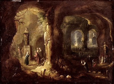 Grot met Beelden en Talrijke Figuren die Idolen Aanbidden (St. Simeon Stylites), c.1640 door Rombout van Troyen