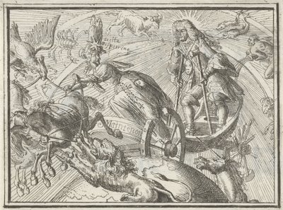 Karikatuur die Lodewijk XIV als Apollo in zijn wagen uitbeeldt, 1701 door Romeyn de Hooghe
