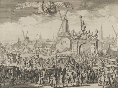 Intocht van Willem III in Den Haag Inhaling van S.K. Maj. aan de Westeynder brug door ..., 1691 door Romeyn de Hooghe