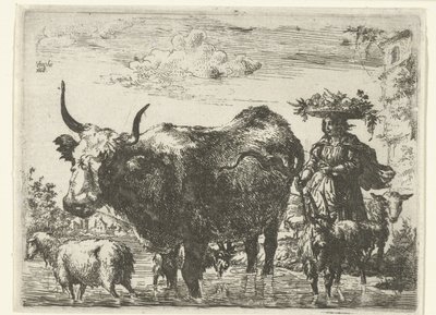 Herderin met mand op het hoofd, een koe, twee geiten en twee schapen in het water door Romeyn de Hooghe