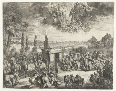 Karel II van Spanje knielend bij een koets door Romeyn de Hooghe