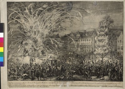 Nachtelijk vuurwerk op de Rue des Sablons in Brussel 1686 door Romeyn de Hooghe