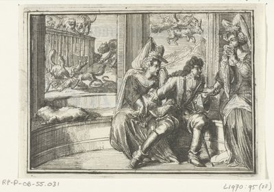 Titelblad voor het pamflet: De Hobbel in de Wacht, op de Haasejagt, 1702 door Romeyn de Hooghe