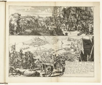 Twee voorstellingen over het beleg van Antwerpen door de hertog van Parma, 1584-1585 door Romeyn de Hooghe