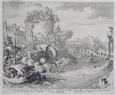 Wenen Print Cyclus, Verovering van Tabor Eiland aan de rand van Leopoldstadt, 1683 door Romeyn de Hooghe