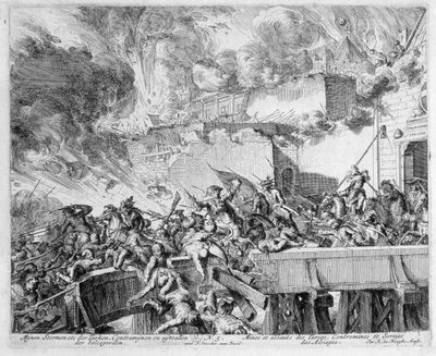 Wenen Print Cyclus, Explosie van een Mijnen en Tegenmijnen, Overval op de Turken, 1683 door Romeyn de Hooghe