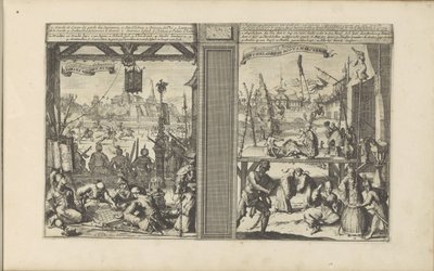 Wachthuis in Japan; Goochelaars en acrobaten door Romeyn de Hooghe