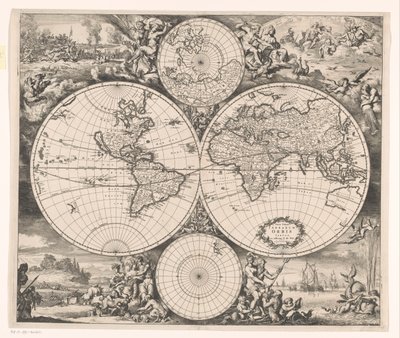 Wereldkaart met een allegorie op de vier elementen door Romeyn de Hooghe
